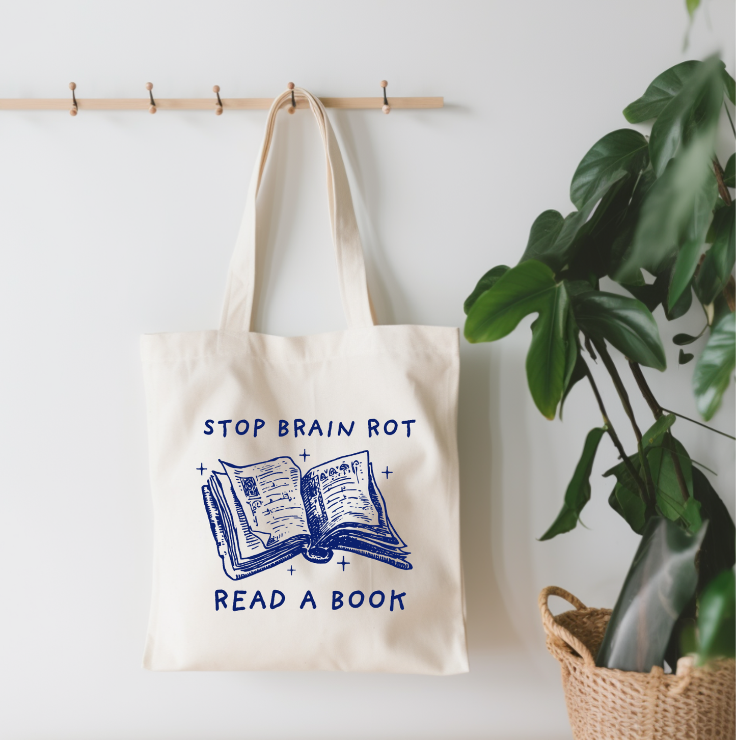 Stop Brain Rot Read A Book Canvas Tote Bag
