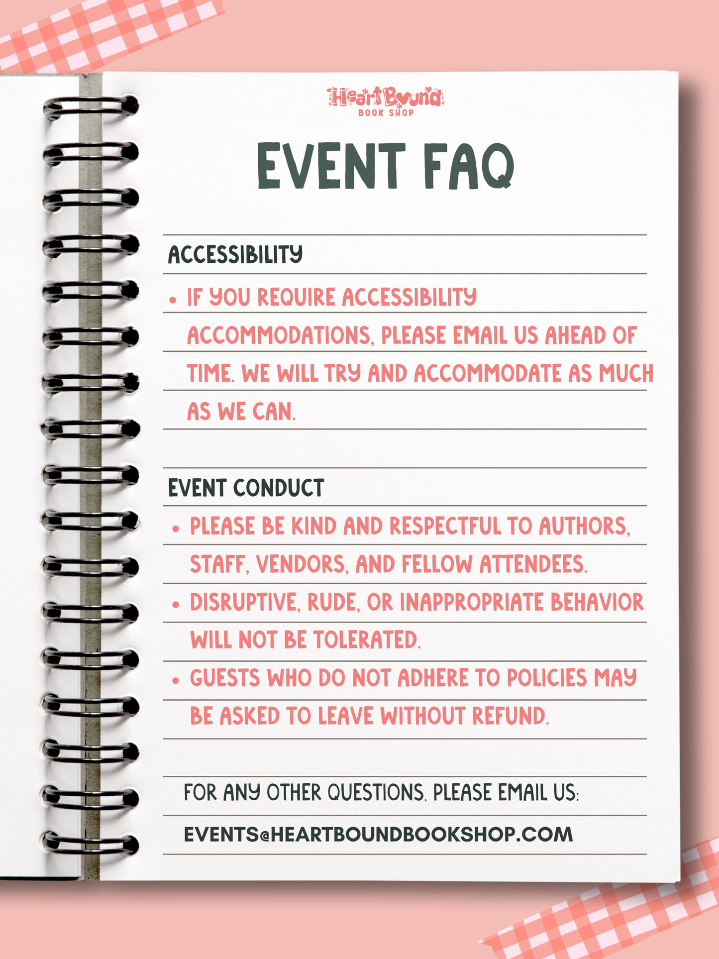 Event FAQ sheet from Heartbound Book Shop on a pink background