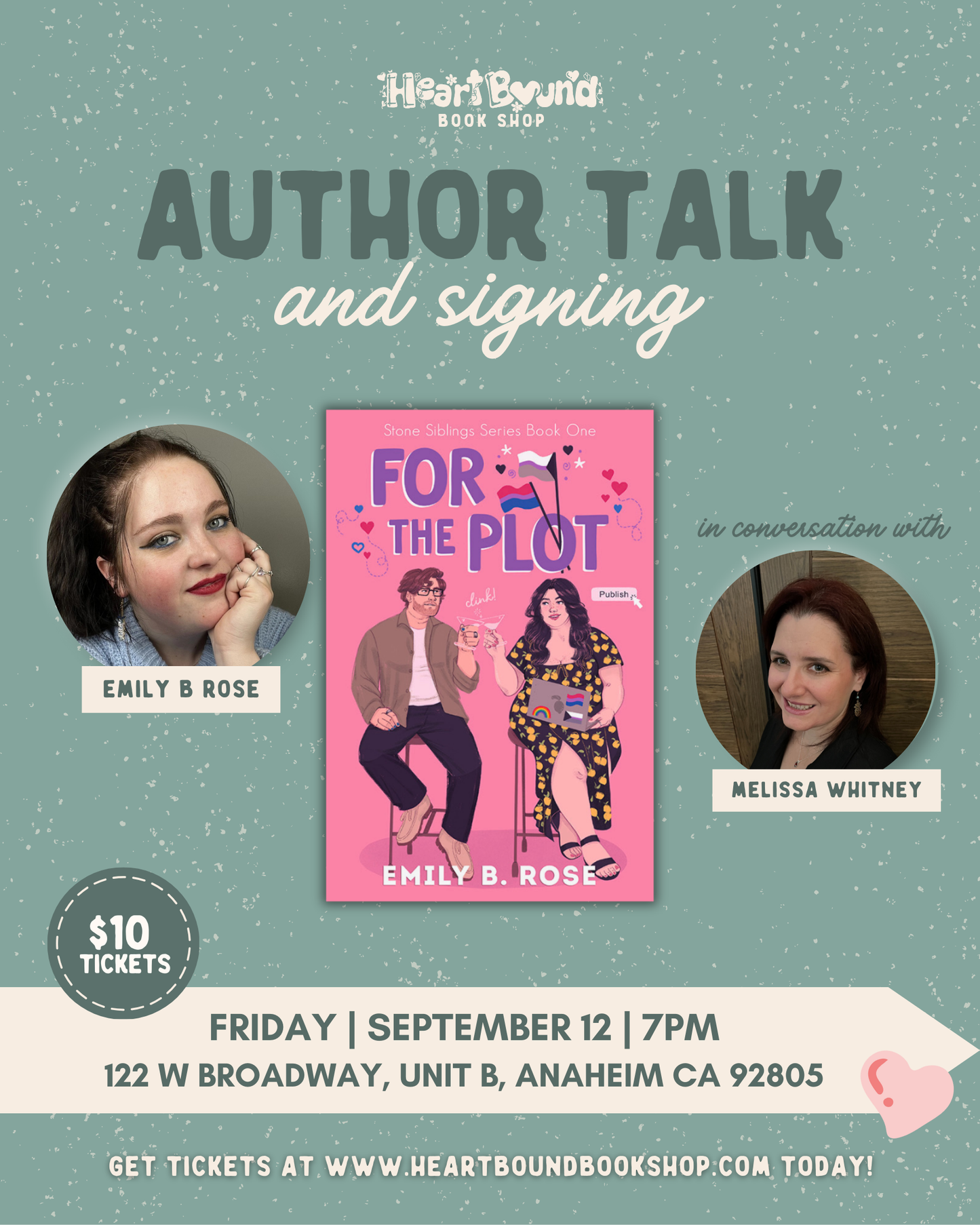 Promotional flyer for an author talk and signing event at Heartbound Book Shop.