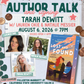 Promotional flyer for an author talk and signing event featuring Tarah DeWitt, Lauren Okie, and Natalie Messier.