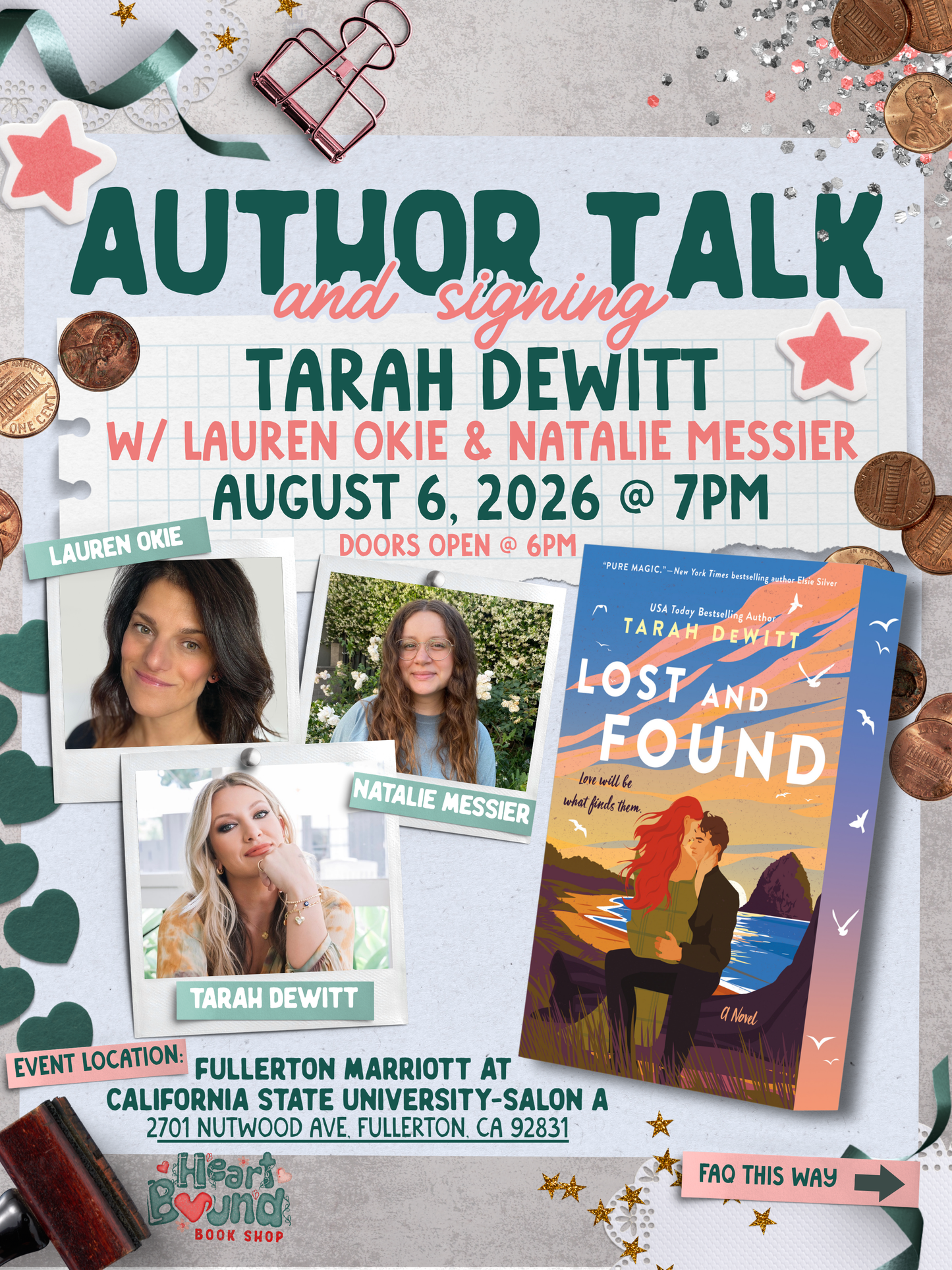 Promotional flyer for an author talk and signing event featuring Tarah DeWitt, Lauren Okie, and Natalie Messier.
