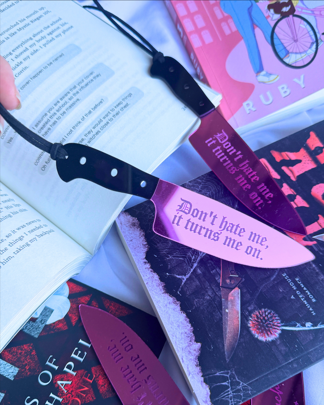 Don't Hate Me, Turns Me On - Pink Mirrored Knife Bookmark