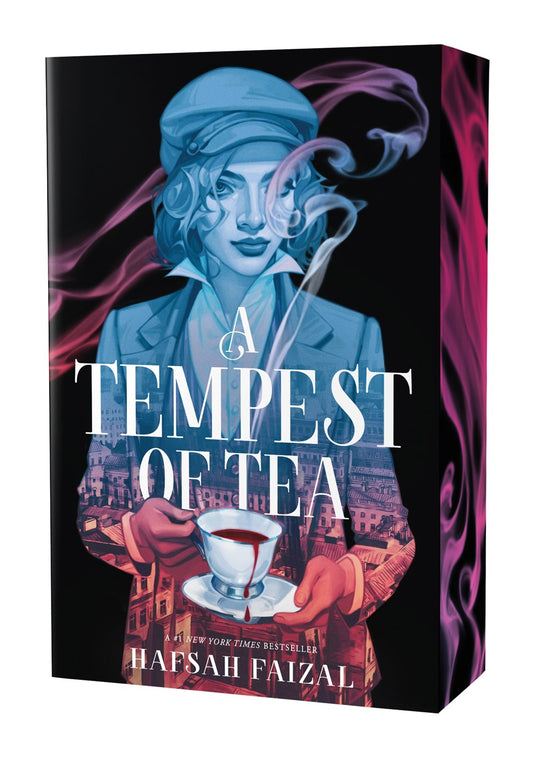 Book cover of 'A Tempest of Tea' by Hafsah Faizal with a stylized illustration of a woman holding a teacup.