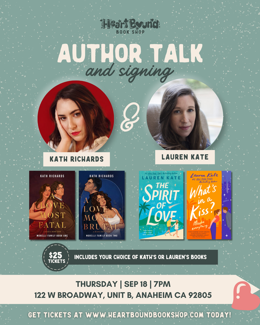 Flyer for an author talk with Kath Richards and Lauren Kate at Heartbound Book Shop on September 18, 2025 at 7PM