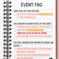 Event FAQ sheet with text on a pink background
