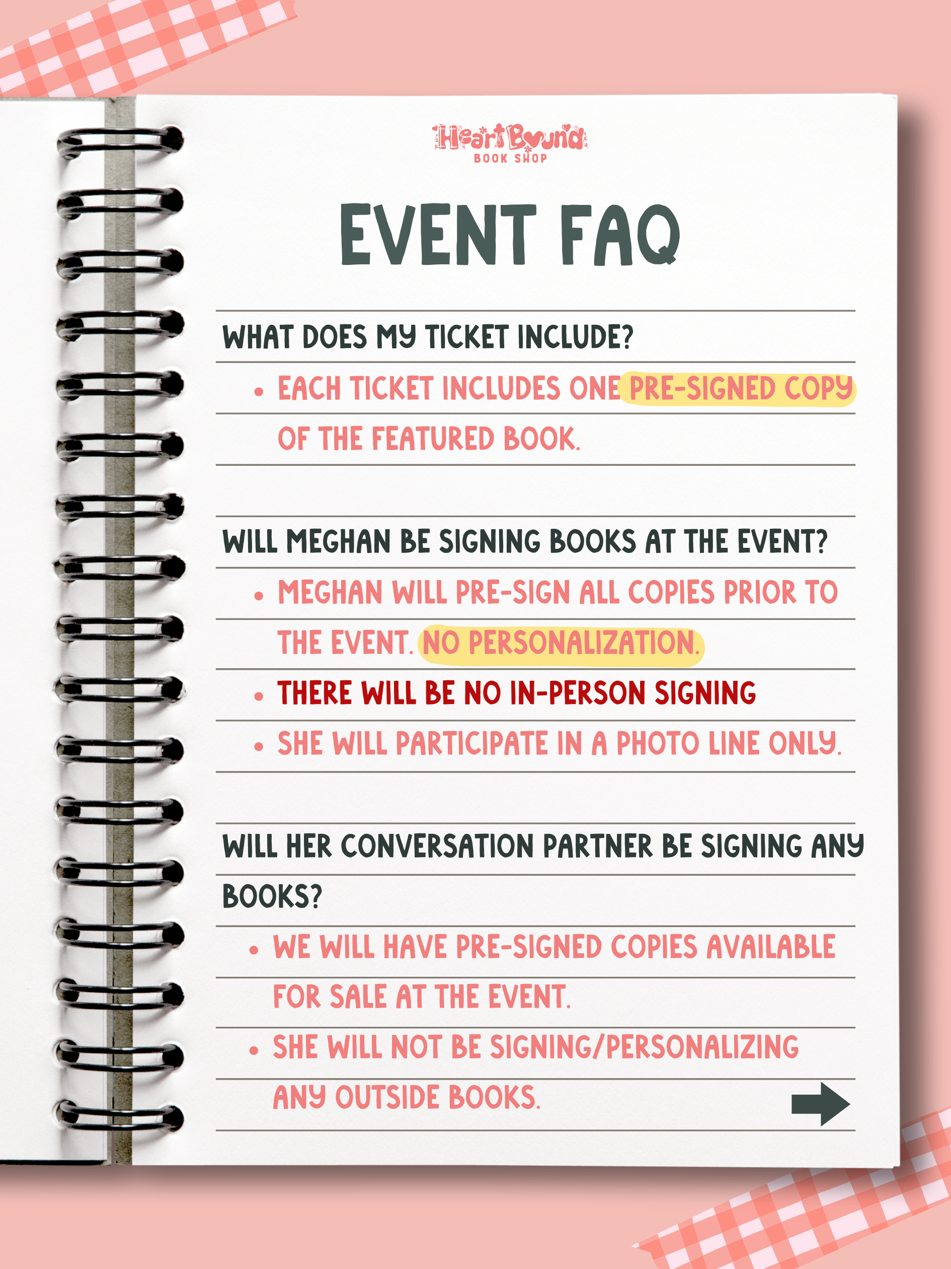 Event FAQ sheet with text on a pink background