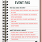 Spiral-bound event FAQ sheet with text on a pink background