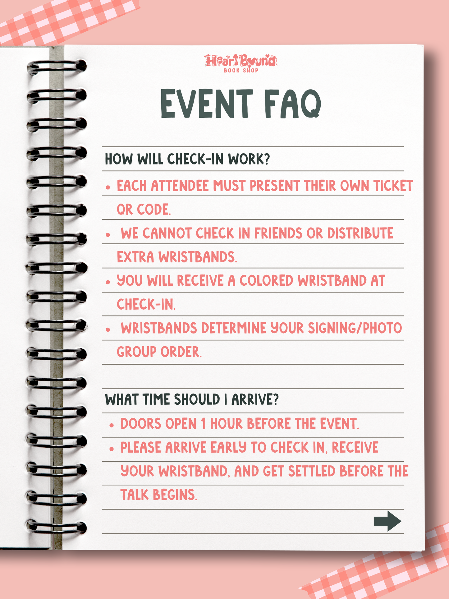 Spiral-bound event FAQ sheet with text on a pink background