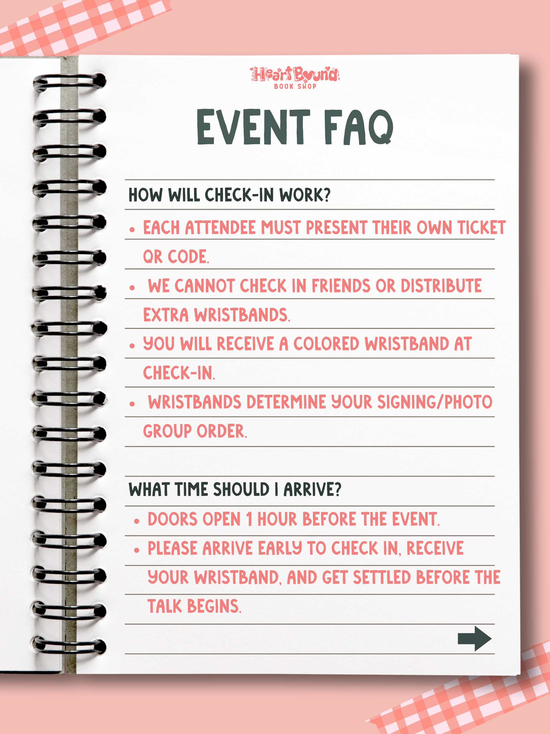 Spiral-bound event FAQ sheet with text on a pink background