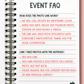 Spiral-bound notebook with event FAQ on a pink background