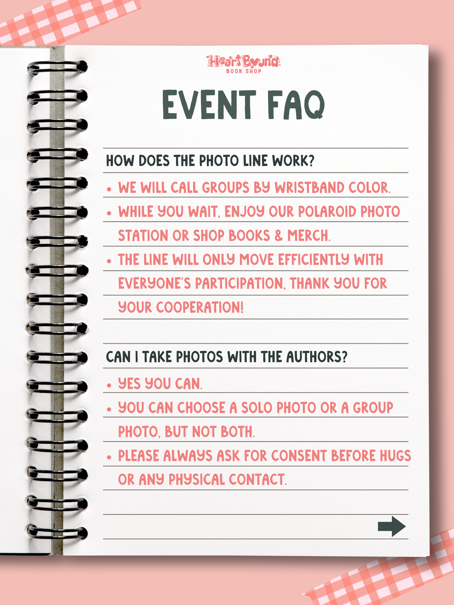 Spiral-bound notebook with event FAQ on a pink background
