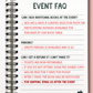 Spiral-bound book with event FAQ on a pink background