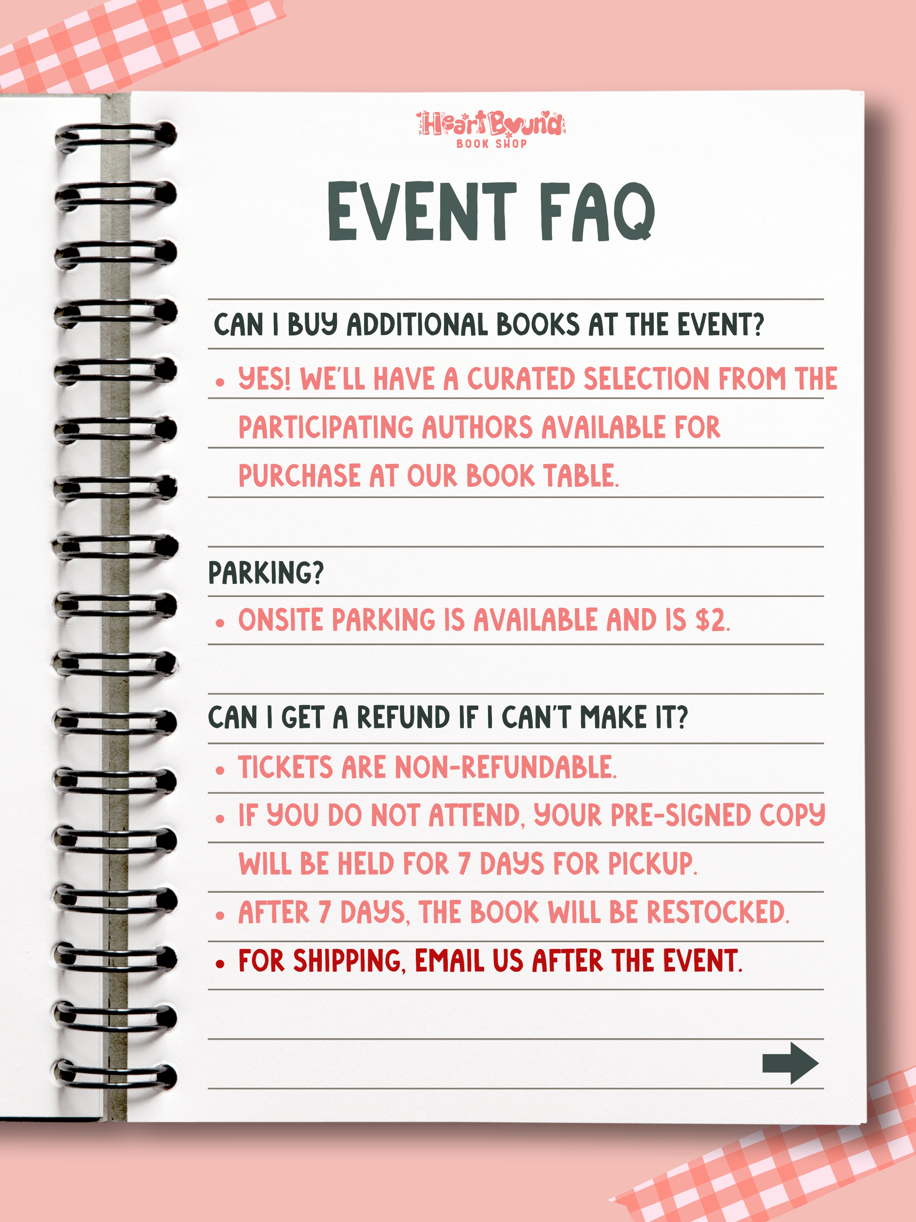 Spiral-bound book with event FAQ on a pink background
