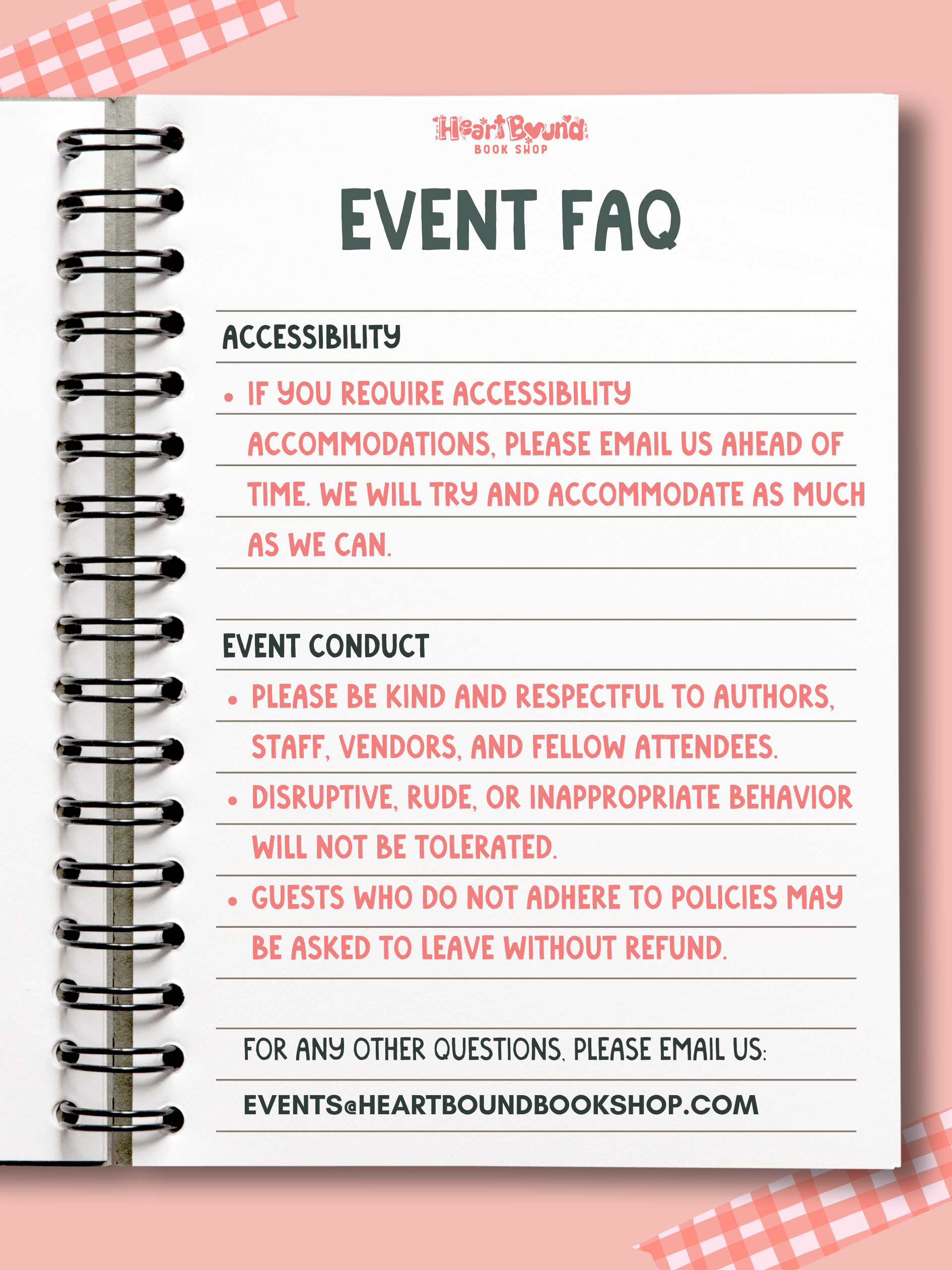 Event FAQ sheet from Heartbound Book Shop on a pink background