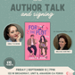 Promotional flyer for an author talk and signing event at Heartbound Book Shop.