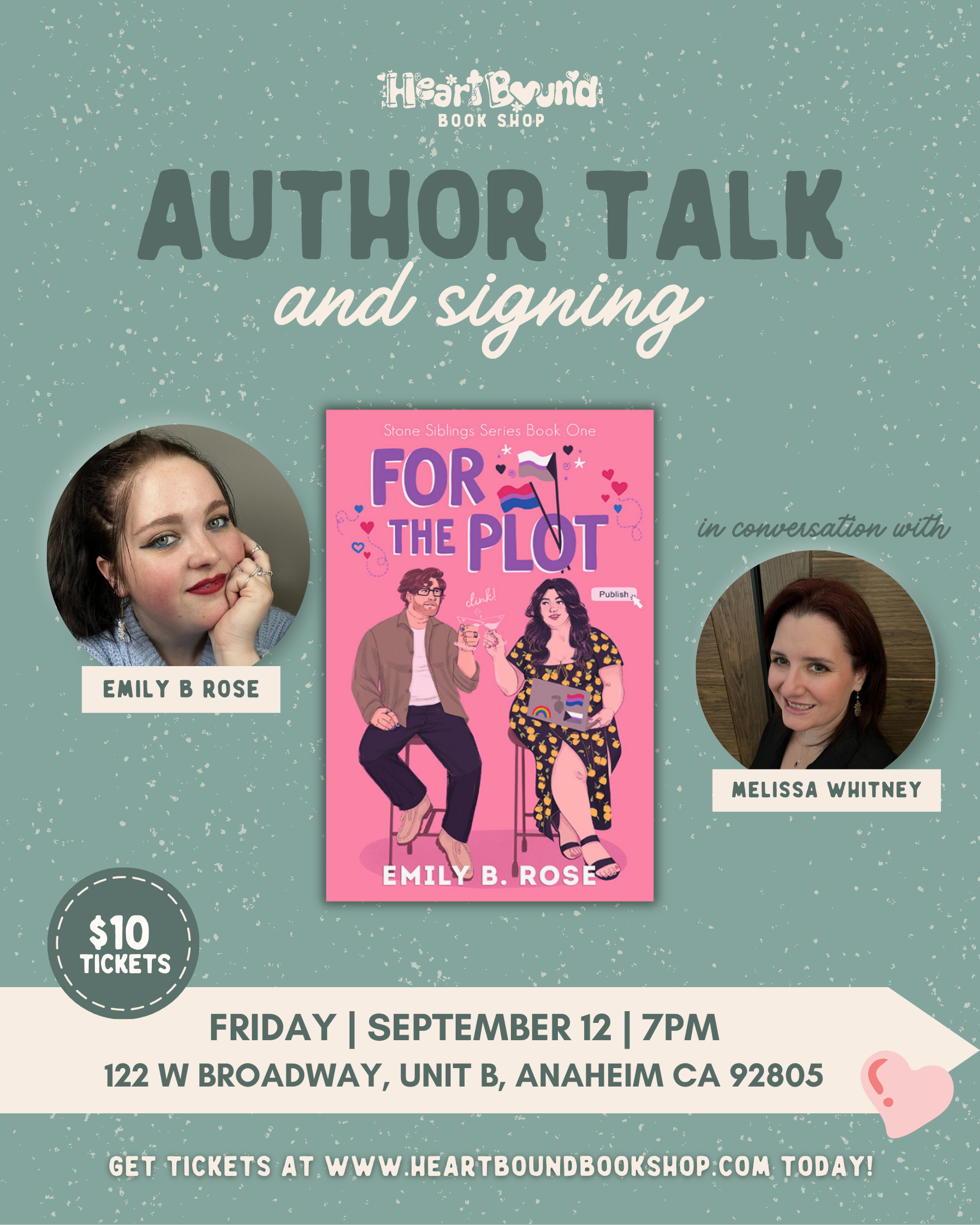 Promotional flyer for an author talk and signing event at Heartbound Book Shop.