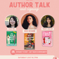 Promotional flyer for an author talk and signing event at Heartbound Bookshop with three authors and their books.