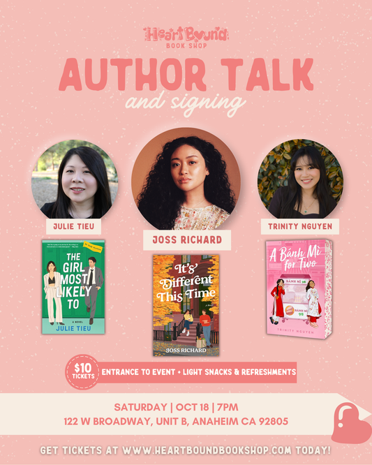 Promotional flyer for an author talk and signing event at Heartbound Bookshop with three authors and their books.